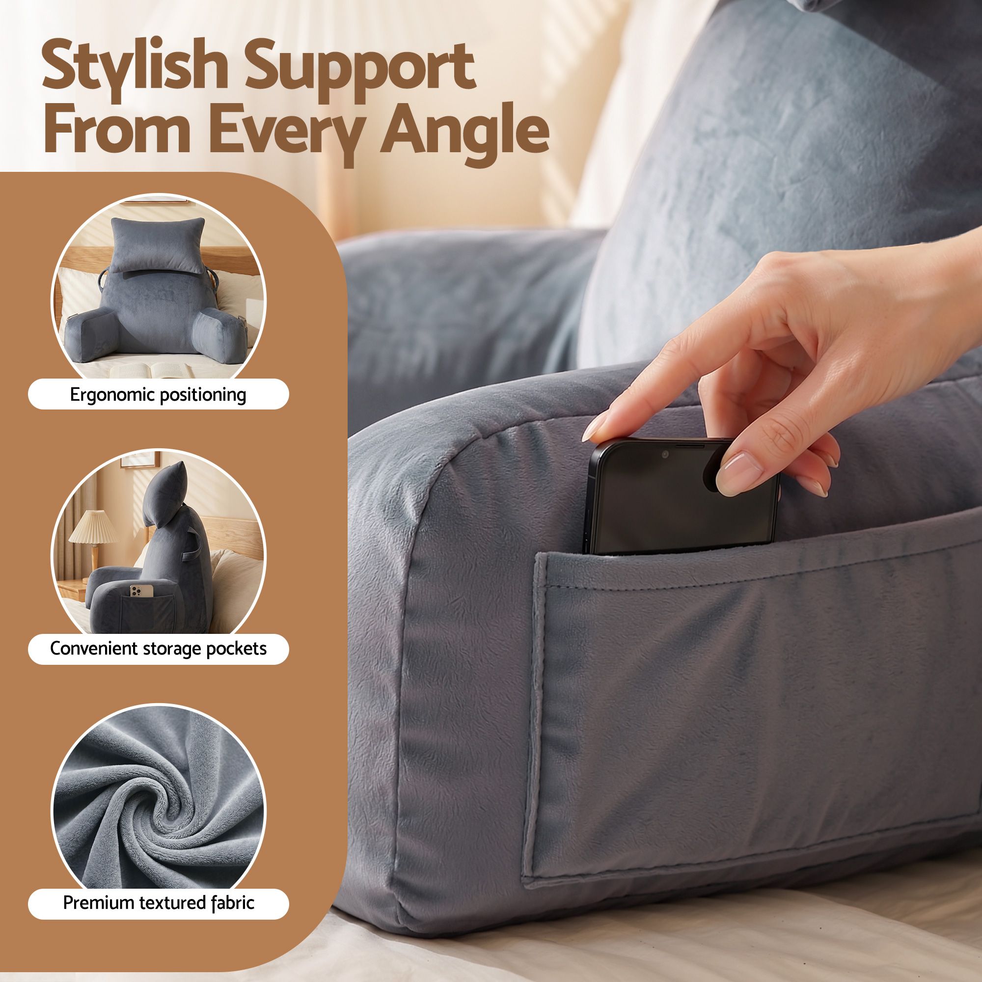 Reading Pillow with Detachable Neck Roll, Armrests, Side Pockets and Handle 100x27x60cm Back Support Pillow for Bed - Gray - Home & Garden > Bedding > Pillows - Rivercity House & Home Co. (ABN 18 642 972 209) - Affordable Modern Furniture Australia