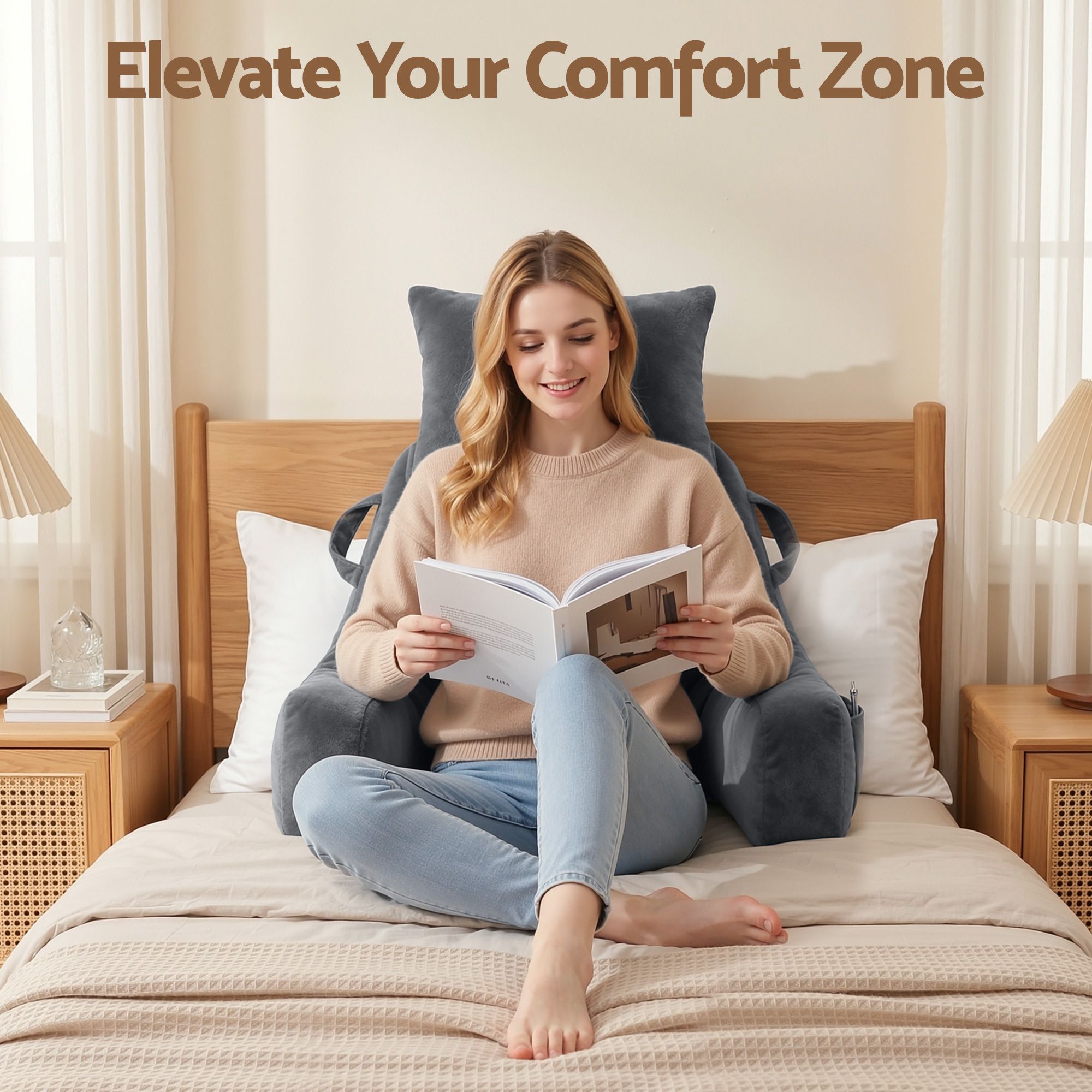 Reading Pillow with Detachable Neck Roll, Armrests, Side Pockets and Handle 100x27x60cm Back Support Pillow for Bed - Gray - Home & Garden > Bedding > Pillows - Rivercity House & Home Co. (ABN 18 642 972 209) - Affordable Modern Furniture Australia