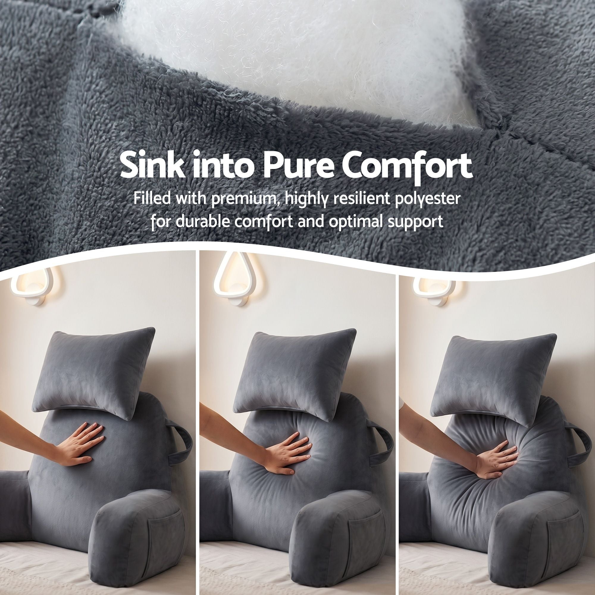 Reading Pillow with Detachable Neck Roll, Armrests, Side Pockets and Handle 100x27x60cm Back Support Pillow for Bed - Gray - Home & Garden > Bedding > Pillows - Rivercity House & Home Co. (ABN 18 642 972 209) - Affordable Modern Furniture Australia
