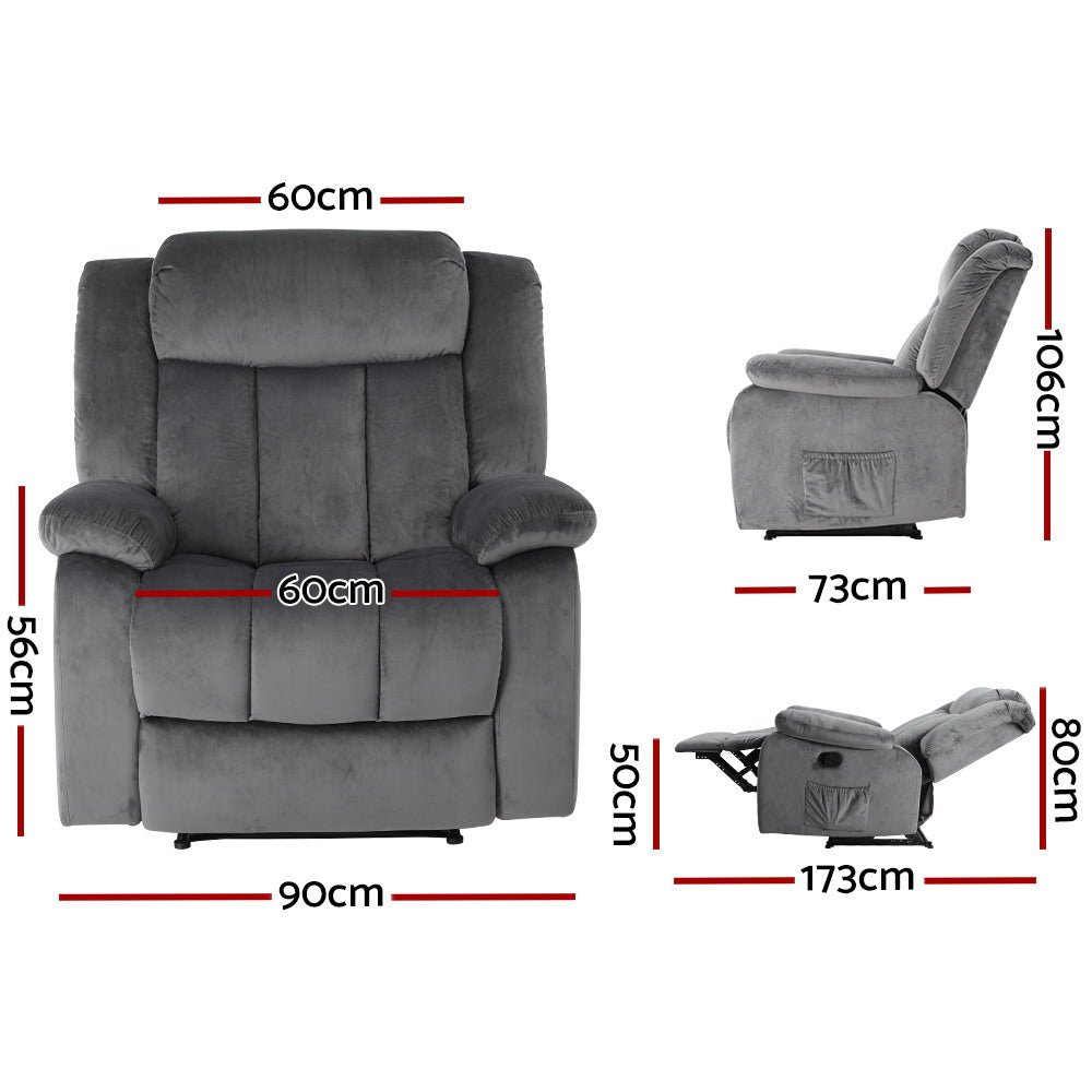 Recliner Chair Electric Massage Chair Velvet Lounge Sofa Heated Grey - Furniture > Bar Stools & Chairs > Massage Chairs - Rivercity House & Home Co. (ABN 18 642 972 209) - Affordable Modern Furniture Australia