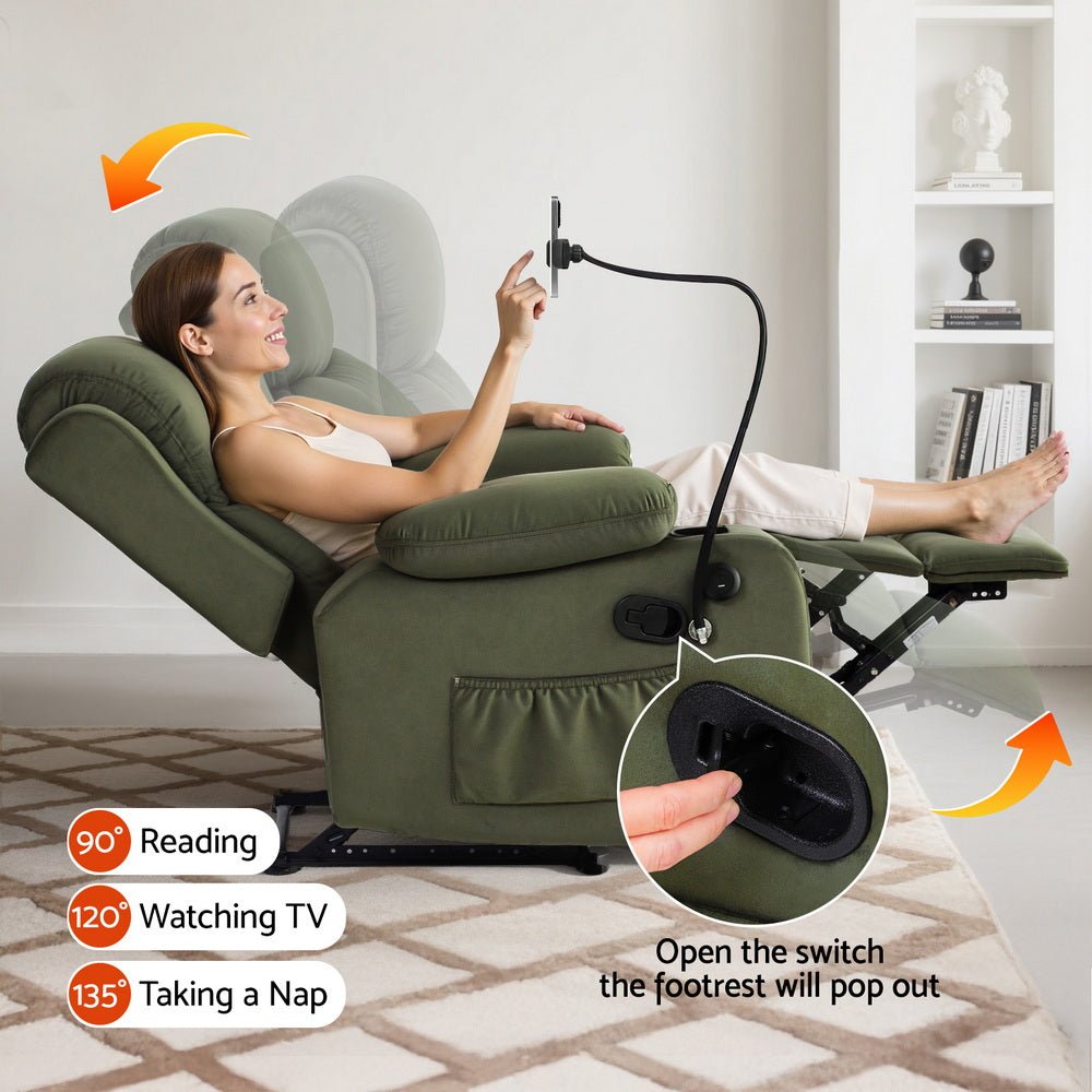 Recliner Chair Heated Massage Chair with Phone Holder Velvet - Furniture > Bar Stools & Chairs > Arm Chairs & Recliners - Rivercity House & Home Co. (ABN 18 642 972 209) - Affordable Modern Furniture Australia