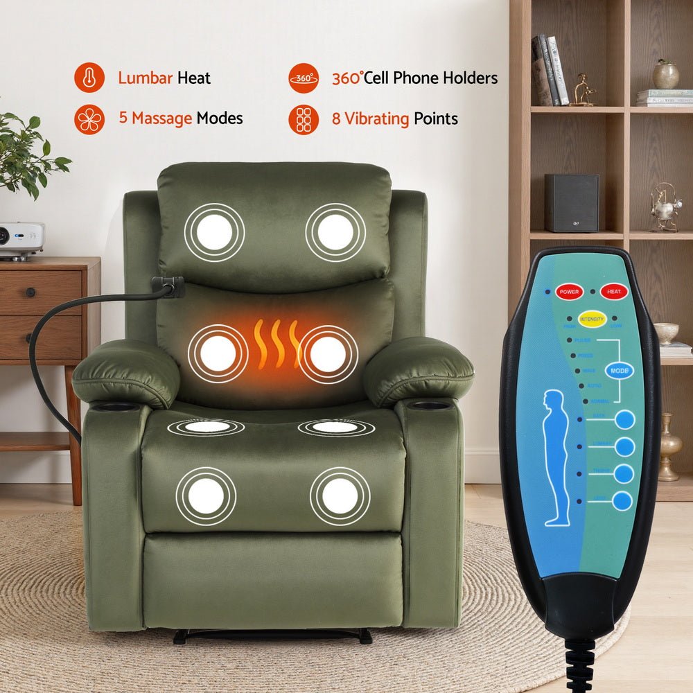 Recliner Chair Heated Massage Chair with Phone Holder Velvet - Furniture > Bar Stools & Chairs > Arm Chairs & Recliners - Rivercity House & Home Co. (ABN 18 642 972 209) - Affordable Modern Furniture Australia