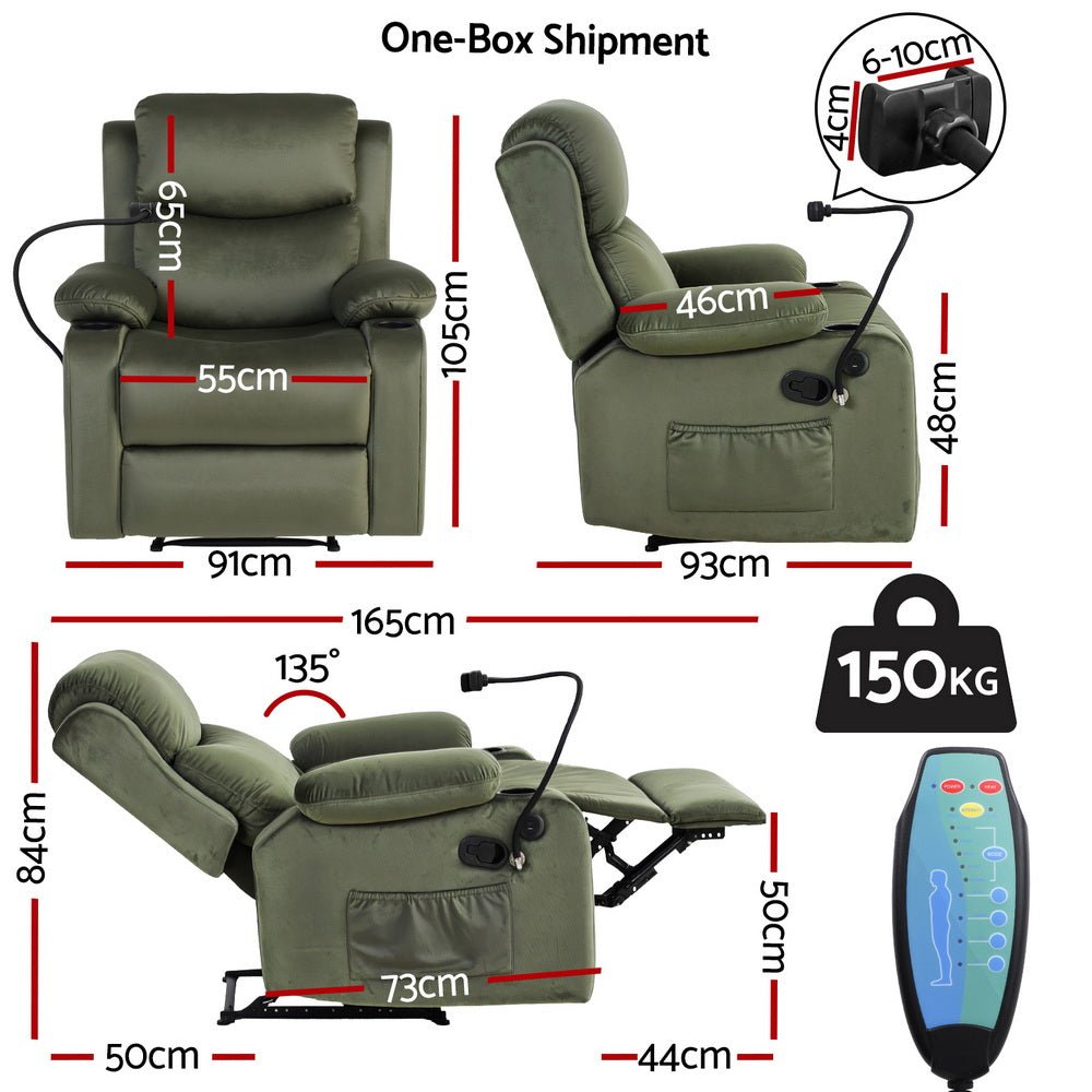 Recliner Chair Heated Massage Chair with Phone Holder Velvet - Furniture > Bar Stools & Chairs > Arm Chairs & Recliners - Rivercity House & Home Co. (ABN 18 642 972 209) - Affordable Modern Furniture Australia