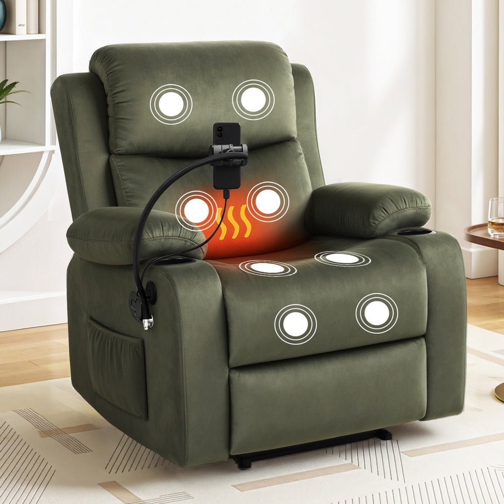 Recliner Chair Heated Massage Chair with Phone Holder Velvet - Furniture > Bar Stools & Chairs > Arm Chairs & Recliners - Rivercity House & Home Co. (ABN 18 642 972 209) - Affordable Modern Furniture Australia
