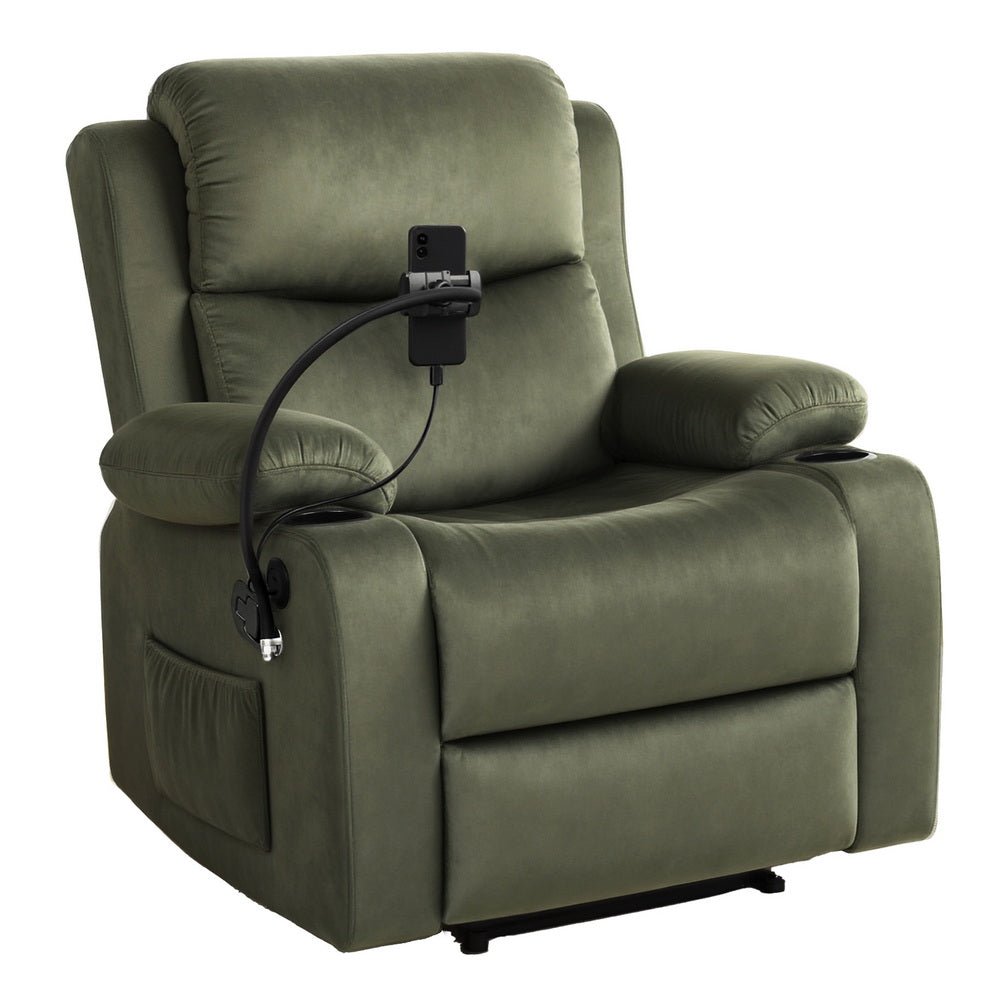 Recliner Chair Heated Massage Chair with Phone Holder Velvet - Furniture > Bar Stools & Chairs > Arm Chairs & Recliners - Rivercity House & Home Co. (ABN 18 642 972 209) - Affordable Modern Furniture Australia
