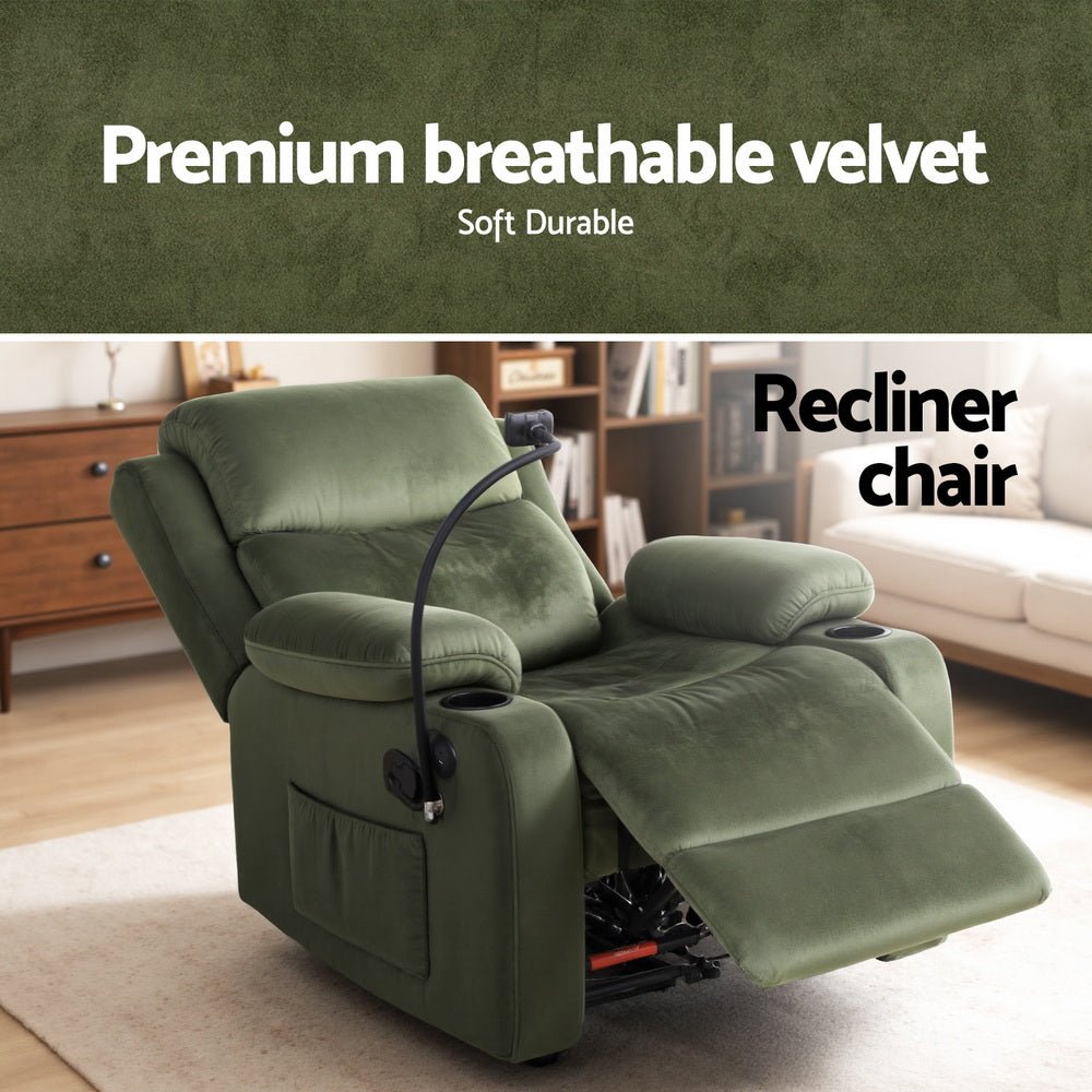 Recliner Chair Heated Massage Chair with Phone Holder Velvet - Furniture > Bar Stools & Chairs > Arm Chairs & Recliners - Rivercity House & Home Co. (ABN 18 642 972 209) - Affordable Modern Furniture Australia