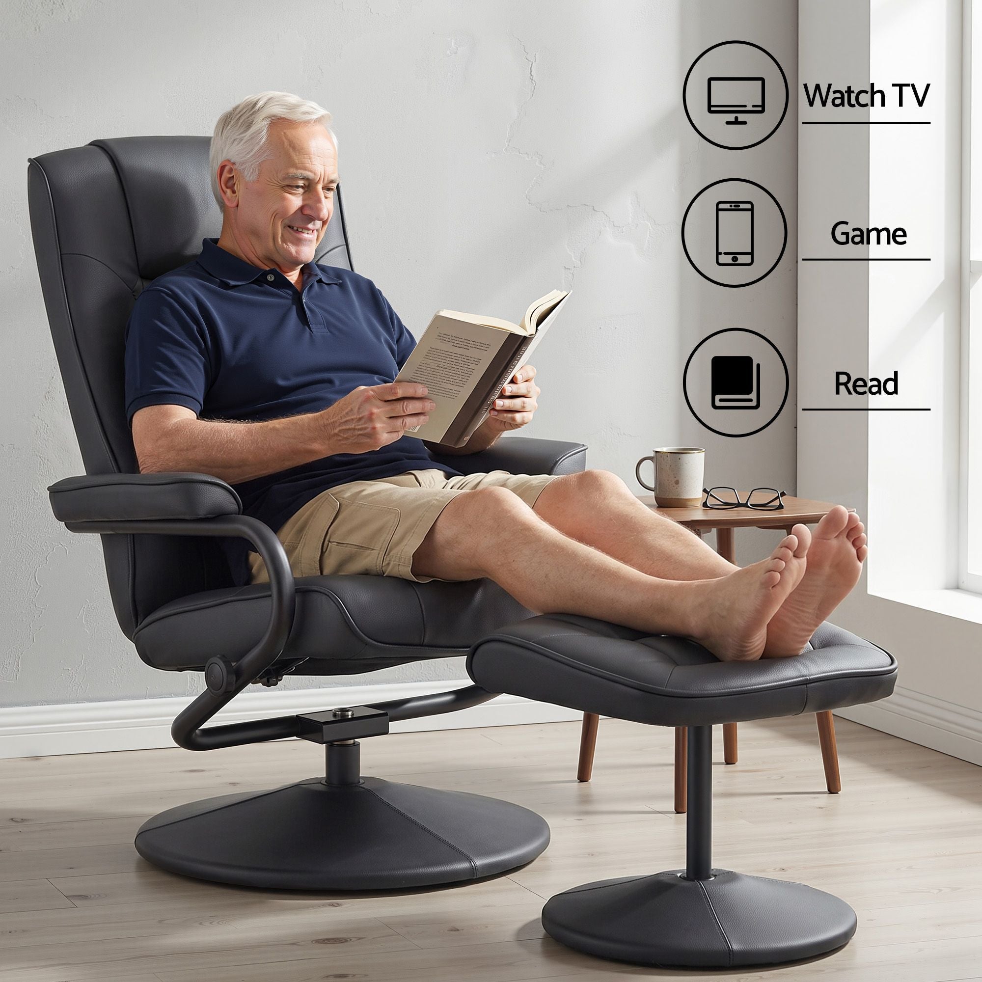 Recliner with Ottoman 360 - Degree Swivel Recliner Chair and Ottoman Set PU Leather Black - Furniture > Bar Stools & Chairs > Arm Chairs & Recliners - Rivercity House & Home Co. (ABN 18 642 972 209) - Affordable Modern Furniture Australia