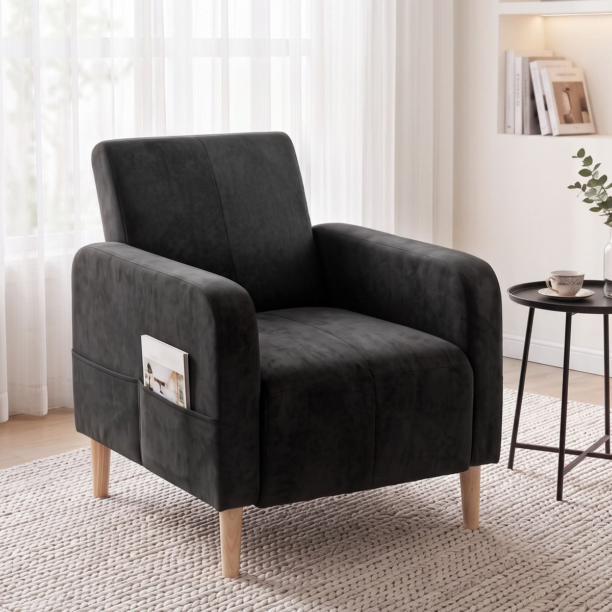 Reclining Velvet Armchair with Daybed Function and Side Pockets - Black - Furniture > Bar Stools & Chairs > Arm Chairs & Recliners - Rivercity House & Home Co. (ABN 18 642 972 209) - Affordable Modern Furniture Australia
