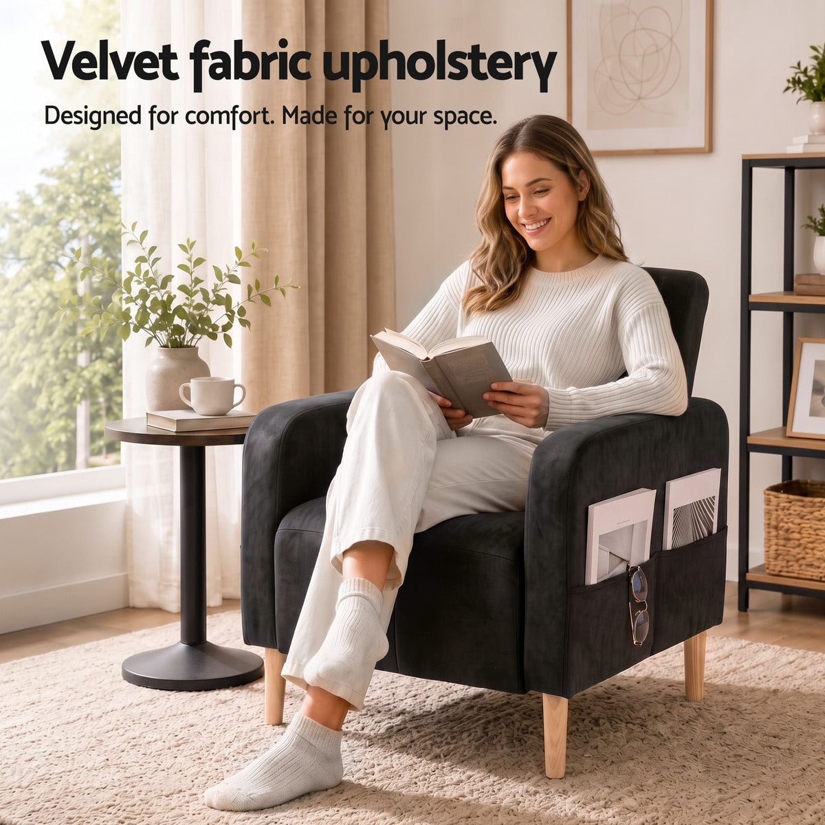Reclining Velvet Armchair with Daybed Function and Side Pockets - Black - Furniture > Bar Stools & Chairs > Arm Chairs & Recliners - Rivercity House & Home Co. (ABN 18 642 972 209) - Affordable Modern Furniture Australia