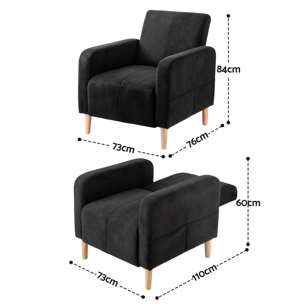 Reclining Velvet Armchair with Daybed Function and Side Pockets - Black - Furniture > Bar Stools & Chairs > Arm Chairs & Recliners - Rivercity House & Home Co. (ABN 18 642 972 209) - Affordable Modern Furniture Australia