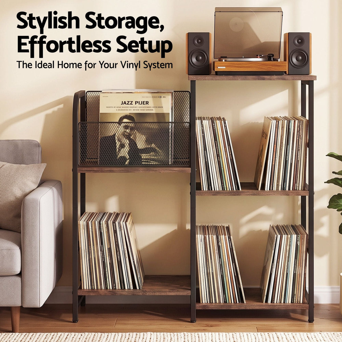 Record Player Stand with Vinyl Storage and Turntable Shelves - Brown and Black - Furniture > Living Room > Bookcases & Shelves - Rivercity House & Home Co. (ABN 18 642 972 209) - Affordable Modern Furniture Australia