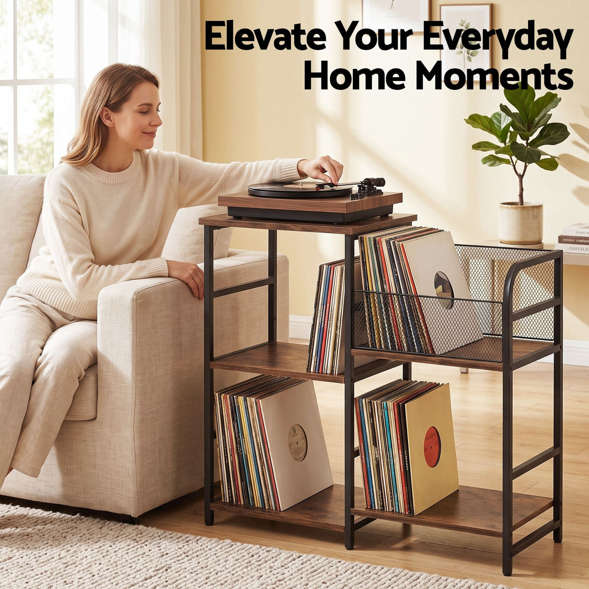 Record Player Stand with Vinyl Storage and Turntable Shelves - Brown and Black - Furniture > Living Room > Bookcases & Shelves - Rivercity House & Home Co. (ABN 18 642 972 209) - Affordable Modern Furniture Australia
