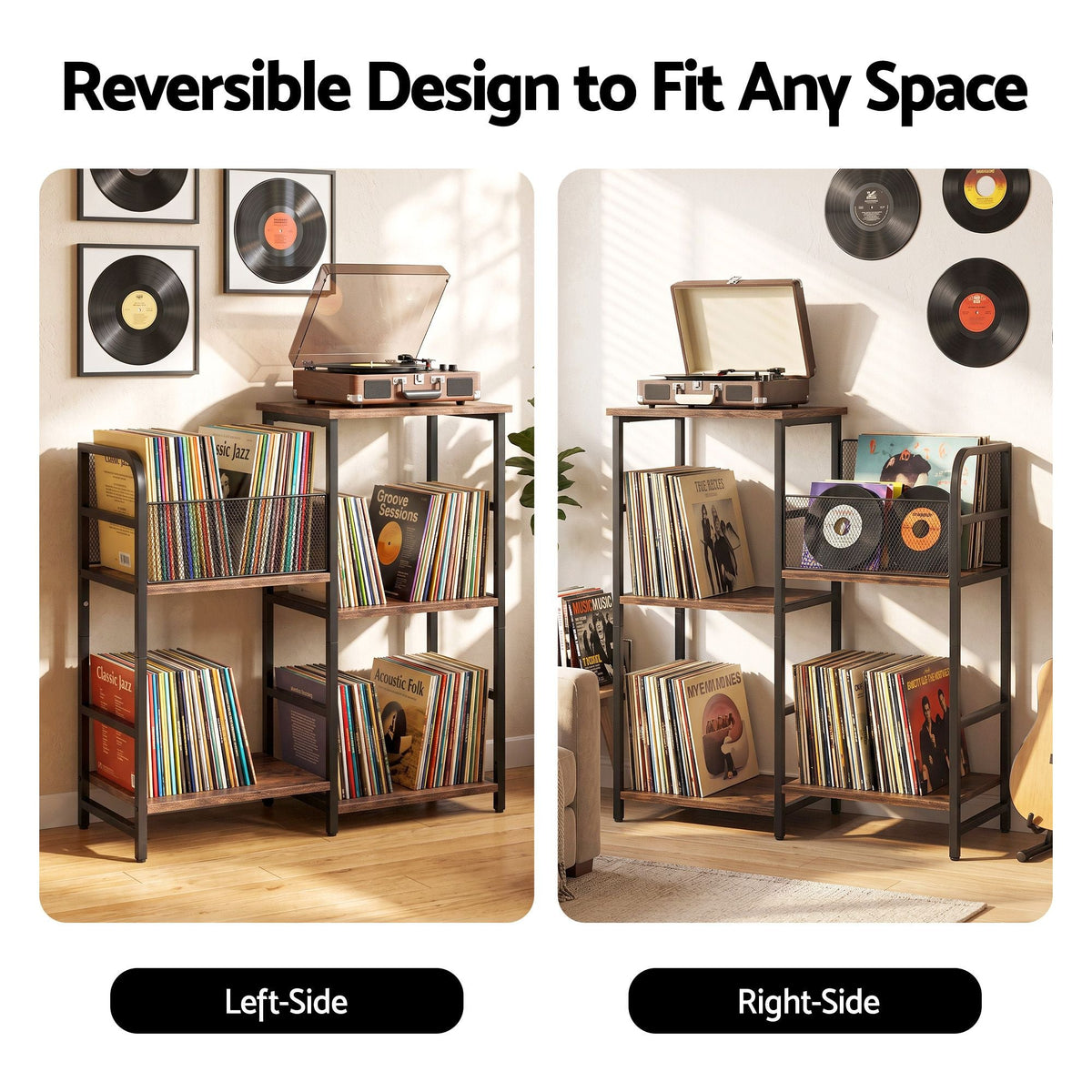 Record Player Stand with Vinyl Storage and Turntable Shelves - Brown and Black - Furniture > Living Room > Bookcases & Shelves - Rivercity House & Home Co. (ABN 18 642 972 209) - Affordable Modern Furniture Australia