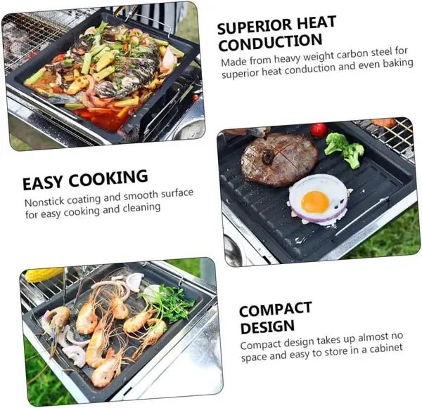 Rectangular Korean Style BBQ Grill Pan with Non-Stick Carbon Steel Surface and Dual Handles - Black - Home & Garden > BBQ > BBQs & Accessories - Rivercity House & Home Co. (ABN 18 642 972 209) - Affordable Modern Furniture Australia