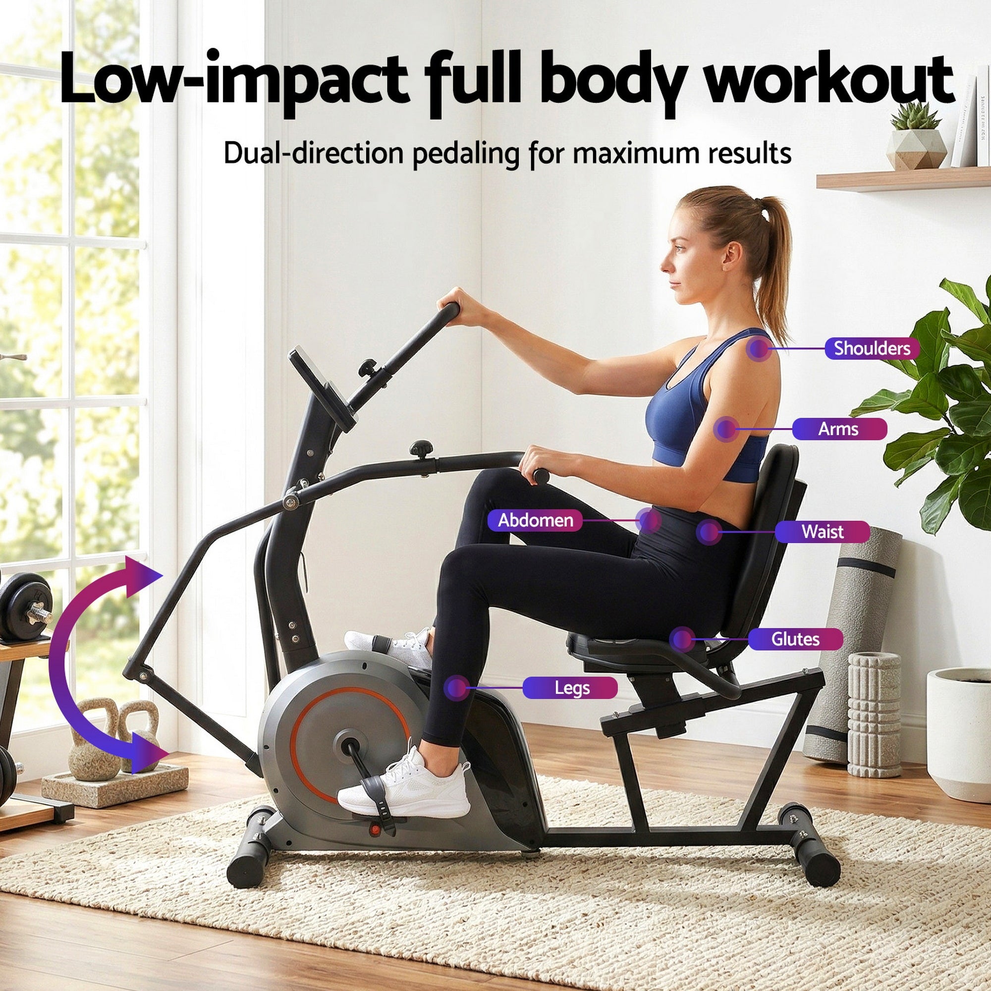 Recumbent Magnetic Exercise Bike with Bluetooth App Connect for Home Gym - Black - Sports & Fitness > Exercise, Gym & Fitness > Exercise Bikes - Rivercity House & Home Co. (ABN 18 642 972 209) - Affordable Modern Furniture Australia