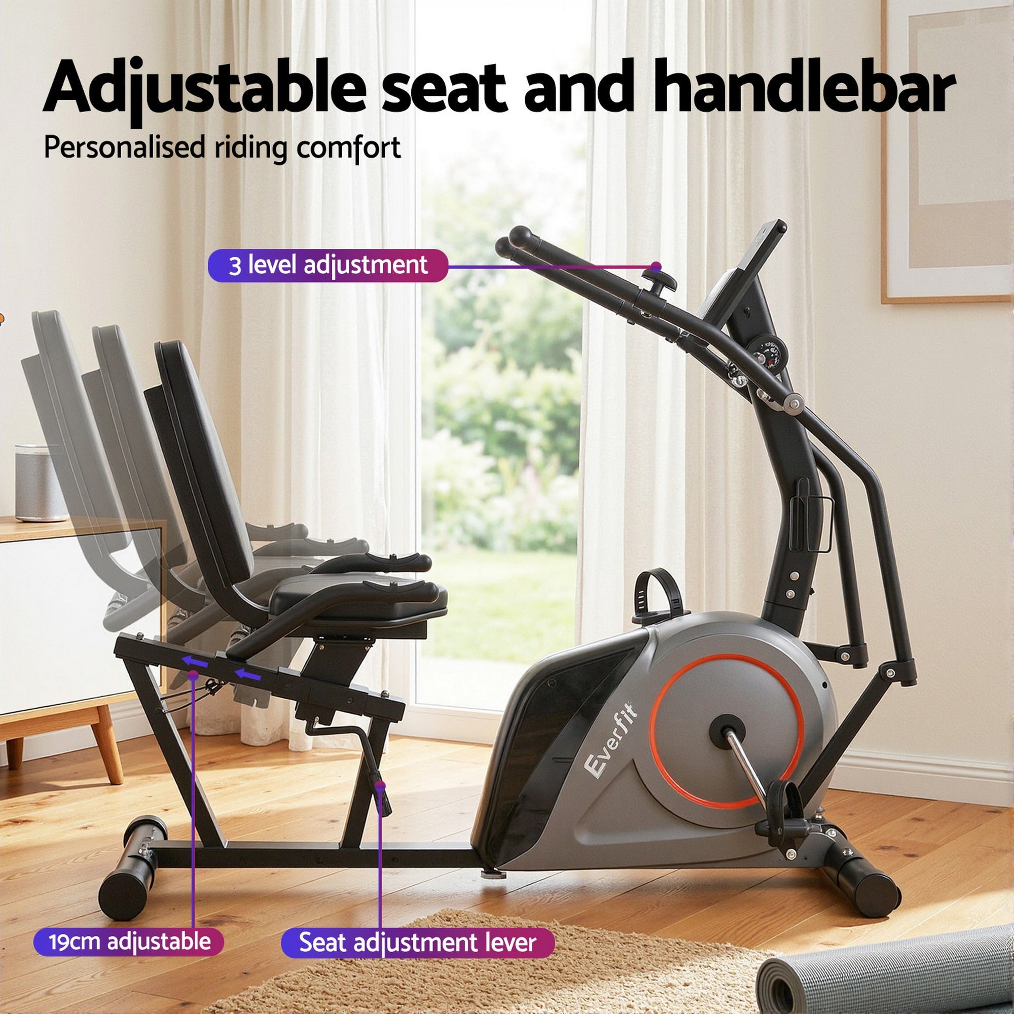 Recumbent Magnetic Exercise Bike with Bluetooth App Connect for Home Gym - Black - Sports & Fitness > Exercise, Gym & Fitness > Exercise Bikes - Rivercity House & Home Co. (ABN 18 642 972 209) - Affordable Modern Furniture Australia