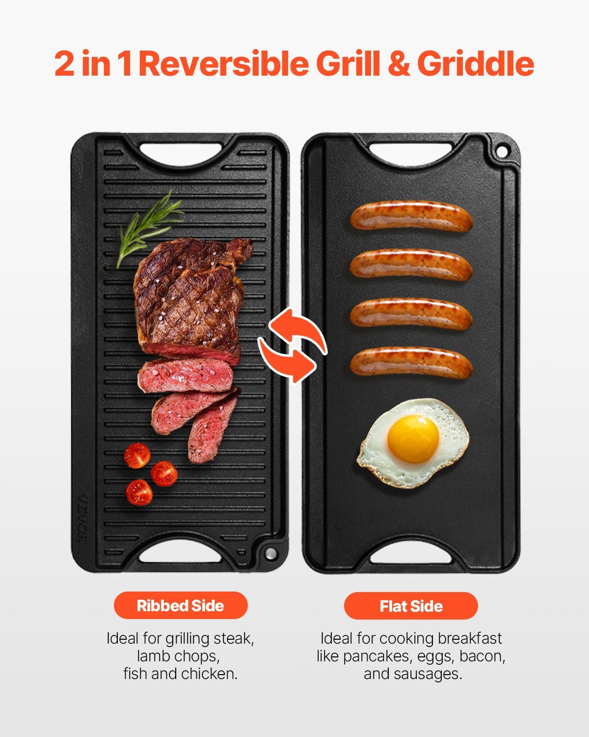 Reversible Grill/Griddle, 20x10 inch Pre - Seasoned Cast Iron Griddle, Portable Rectangular Pan with Handle, Family Cookware for Indoor/Outdoor Stove Top Burner, Gas, Camping BBQ, Black - Outdoor Recreation > Boating > Paddles & Oars - Rivercity House & Home Co. (ABN 18 642 972 209) - Affordable Modern Furniture Australia