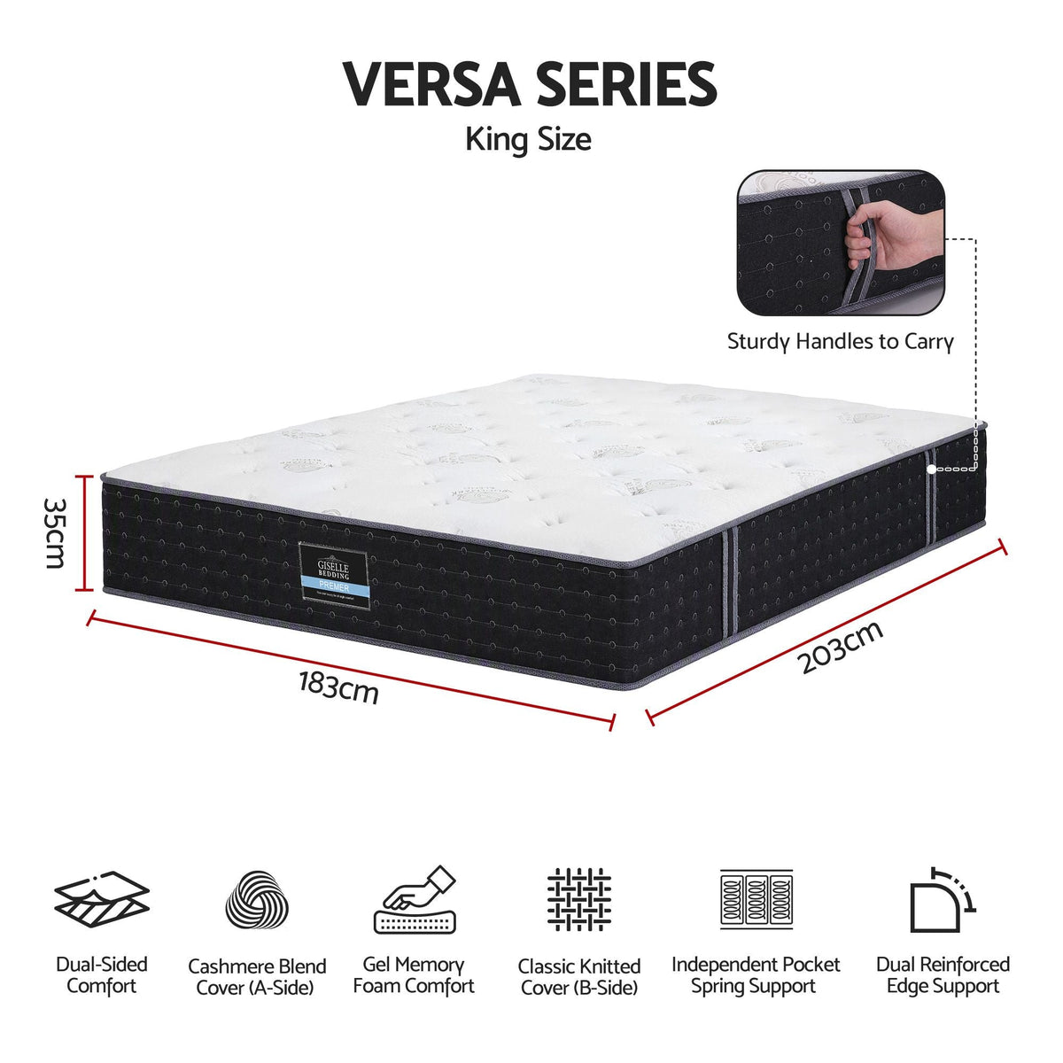 Reversible King Spring Mattress with Cashmere Cover and Gel Foam 35cm - White/Charcoal - Furniture > Mattresses > King Size Mattress - Rivercity House & Home Co. (ABN 18 642 972 209) - Affordable Modern Furniture Australia