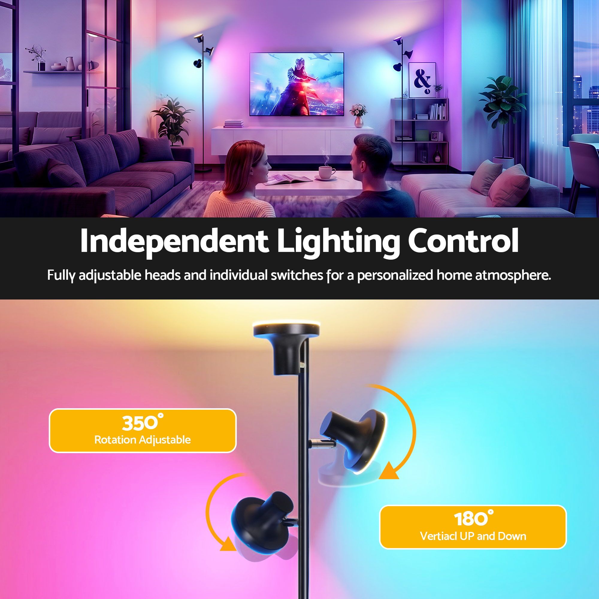 RGB Floor Lamp LED with 3 Swivel Lights Color Changing Lamp with Remote Stepless Dimmable - Home & Garden > Lighting > Floor Lamps - Rivercity House & Home Co. (ABN 18 642 972 209) - Affordable Modern Furniture Australia