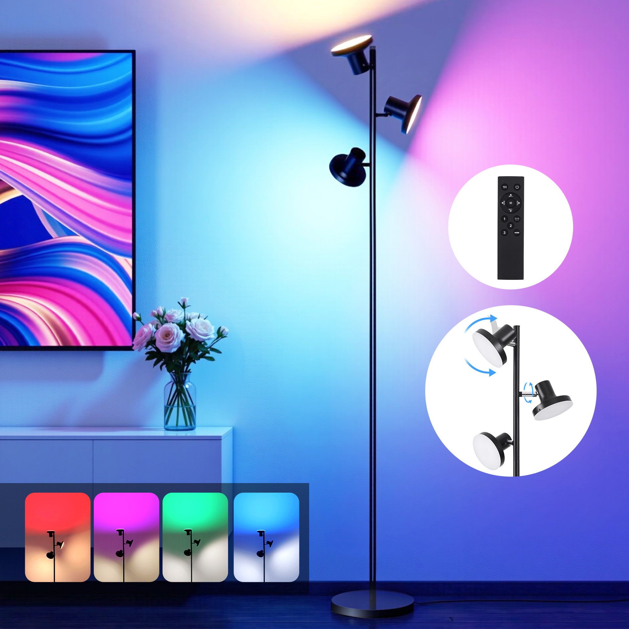 RGB Floor Lamp LED with 3 Swivel Lights Color Changing Lamp with Remote Stepless Dimmable - Home & Garden > Lighting > Floor Lamps - Rivercity House & Home Co. (ABN 18 642 972 209) - Affordable Modern Furniture Australia
