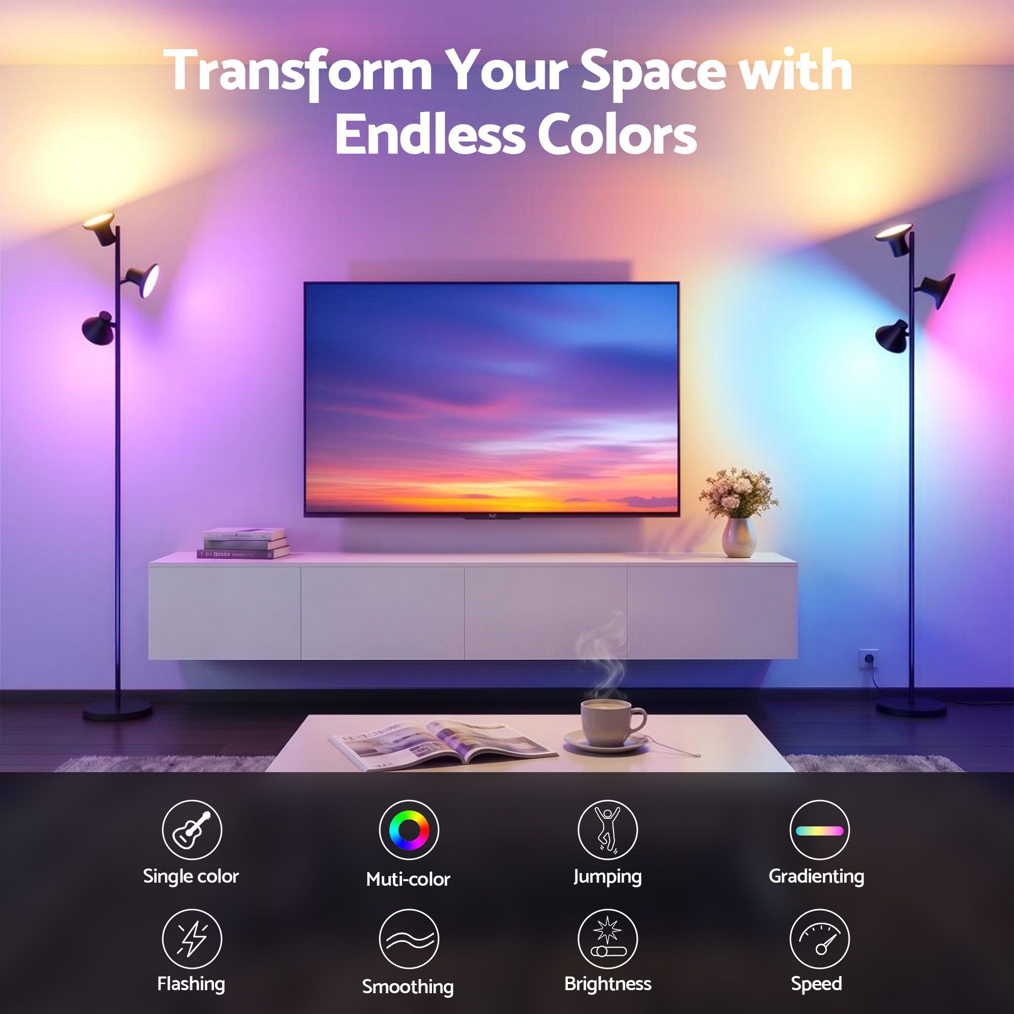 RGB Floor Lamp LED with 3 Swivel Lights Color Changing Lamp with Remote Stepless Dimmable - Home & Garden > Lighting > Floor Lamps - Rivercity House & Home Co. (ABN 18 642 972 209) - Affordable Modern Furniture Australia