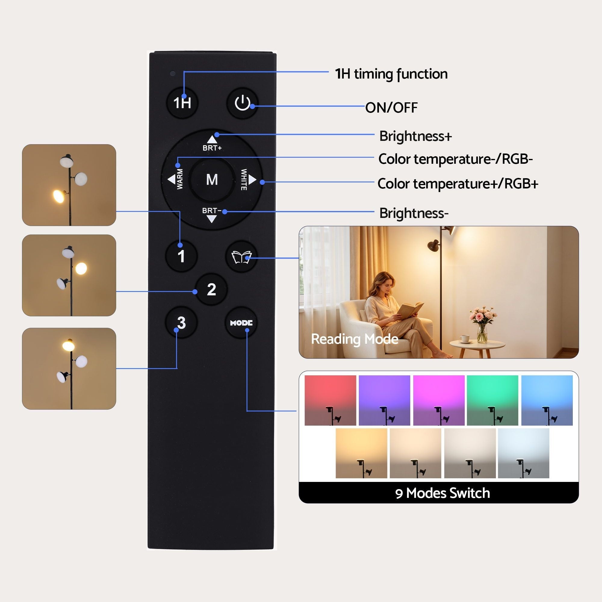 RGB Floor Lamp LED with 3 Swivel Lights Color Changing Lamp with Remote Stepless Dimmable - Home & Garden > Lighting > Floor Lamps - Rivercity House & Home Co. (ABN 18 642 972 209) - Affordable Modern Furniture Australia