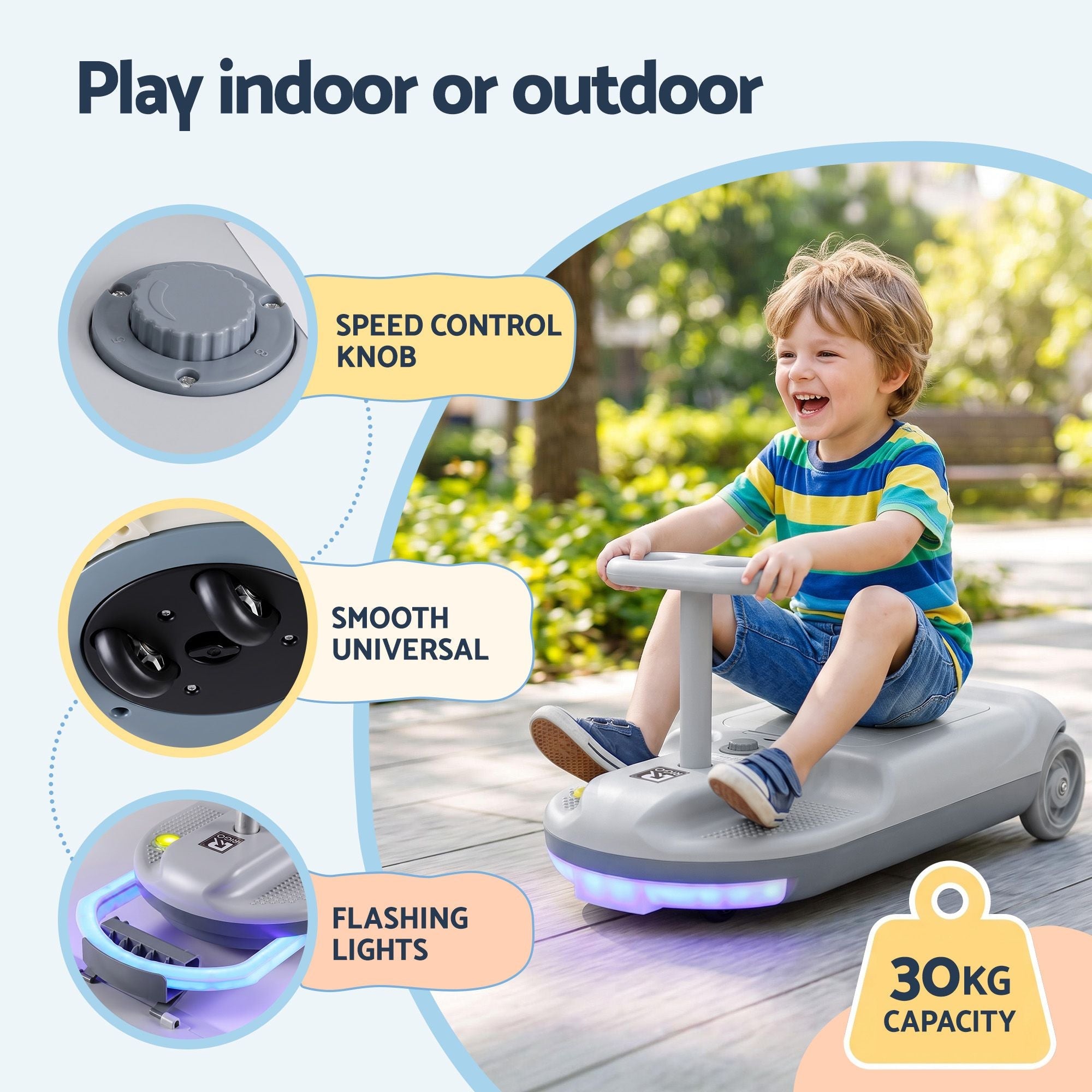 Rigo Ride on Car with Mop Storage Space Kids Clean Car 12V 86cm Grey - Baby & Kids > Ride On Cars, Go-karts & Bikes > Ride On Cars - Rivercity House & Home Co. (ABN 18 642 972 209) - Affordable Modern Furniture Australia