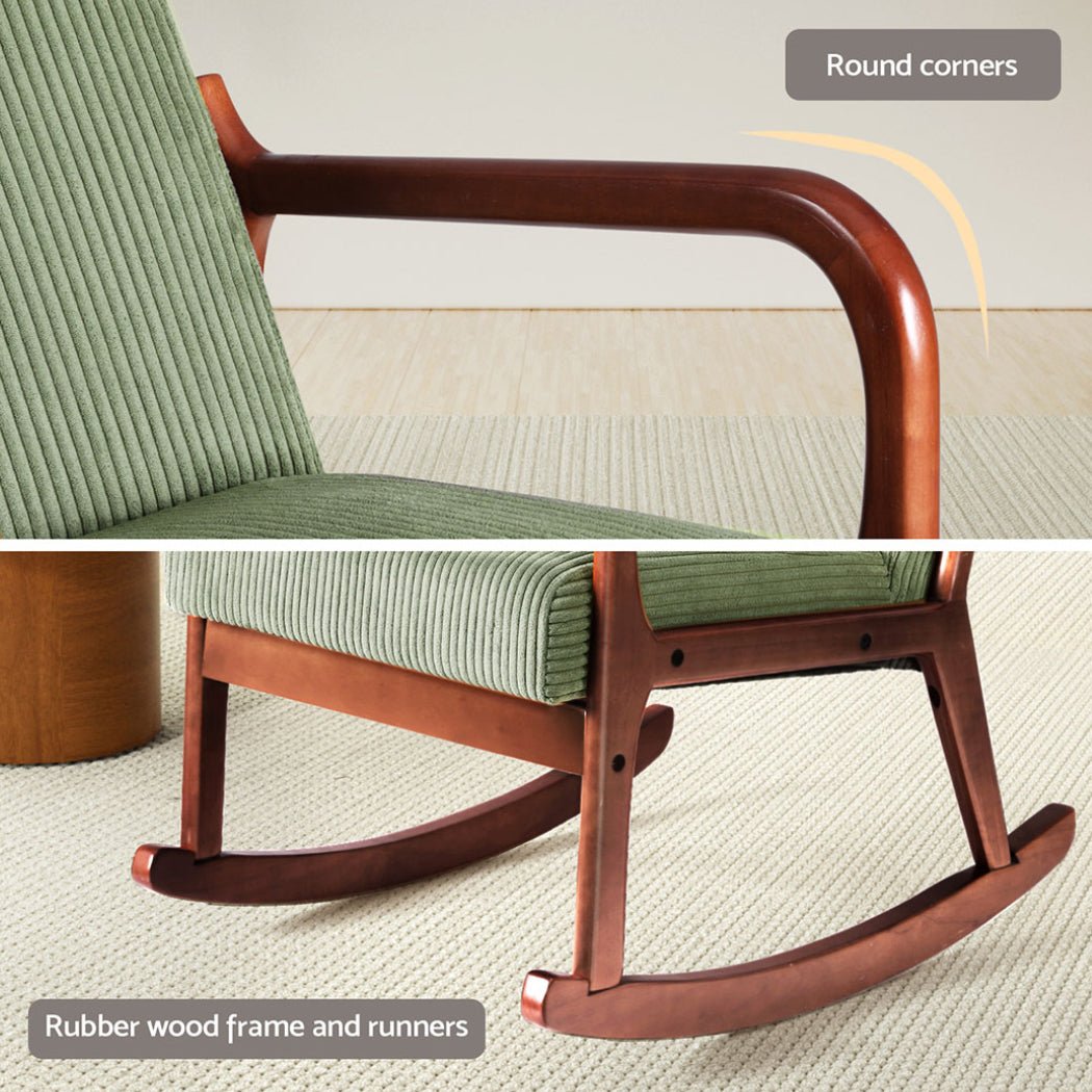 Rocking Armchair Nursery Chair Corduroy Green - Furniture > Bar Stools & Chairs - Rivercity House & Home Co. (ABN 18 642 972 209) - Affordable Modern Furniture Australia