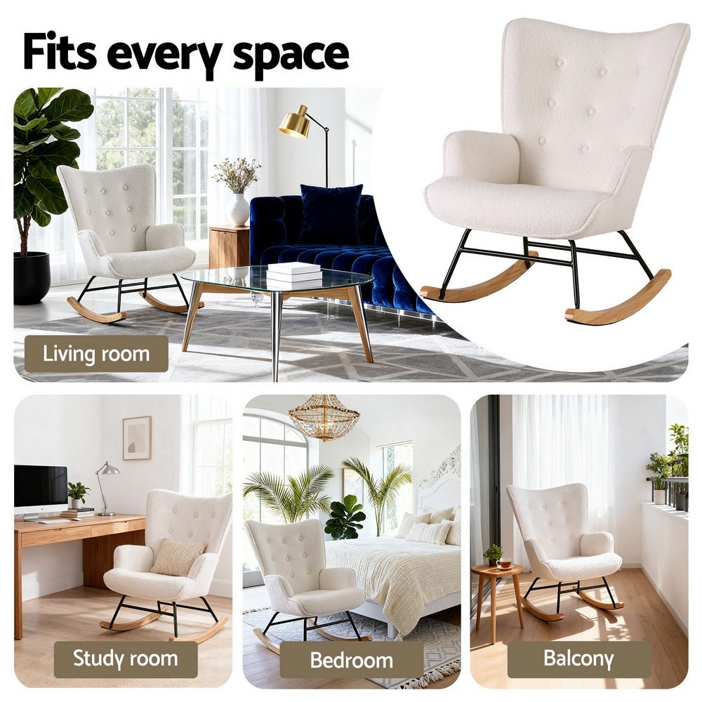 Rocking Armchair Nursing Chair Boucle Fabric White - Furniture > Bar Stools & Chairs > Arm Chairs & Recliners - Rivercity House & Home Co. (ABN 18 642 972 209) - Affordable Modern Furniture Australia
