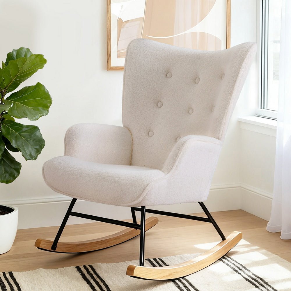 Rocking Armchair Nursing Chair Boucle Fabric White - Furniture > Bar Stools & Chairs > Arm Chairs & Recliners - Rivercity House & Home Co. (ABN 18 642 972 209) - Affordable Modern Furniture Australia