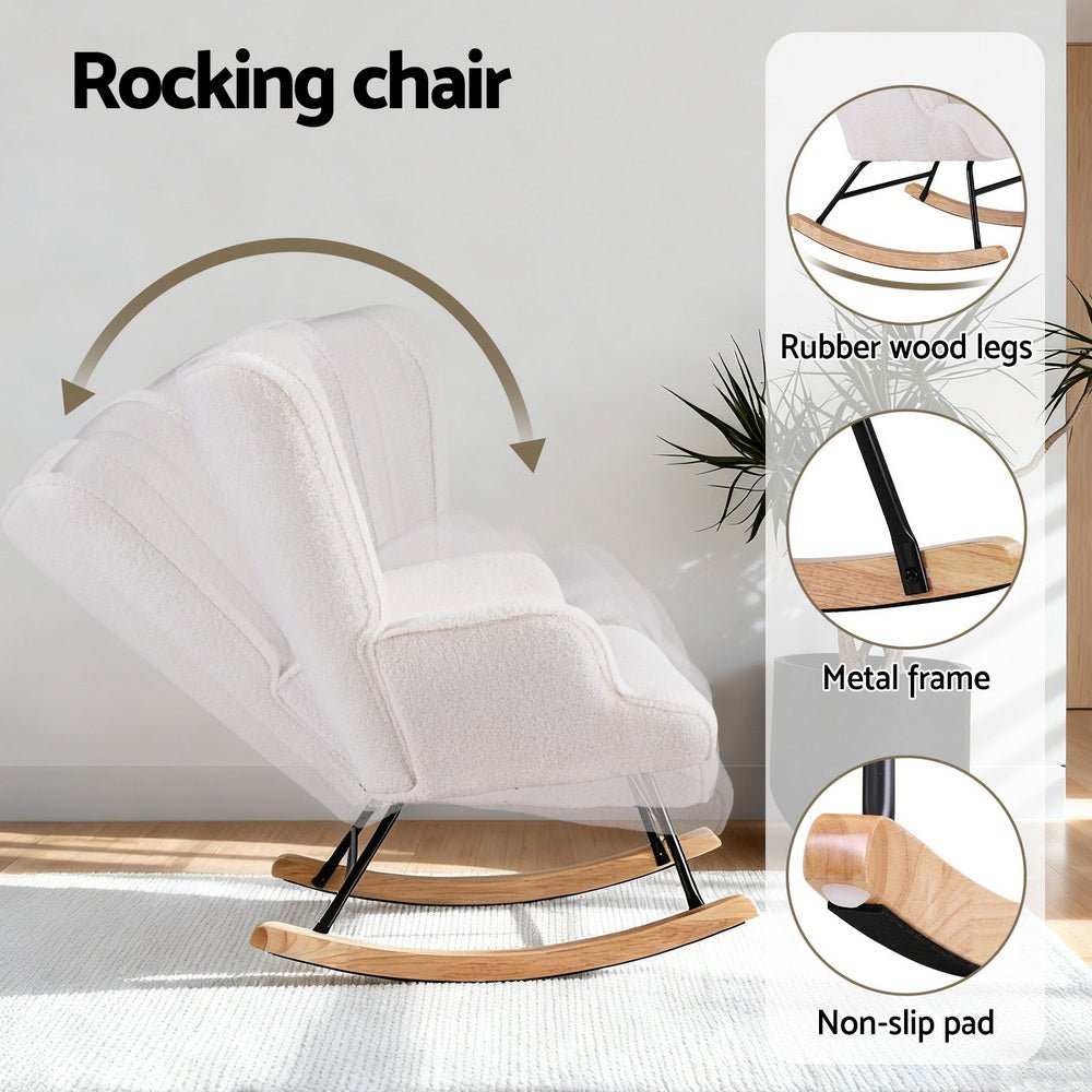 Rocking Armchair Nursing Chair Boucle Fabric White - Furniture > Bar Stools & Chairs > Arm Chairs & Recliners - Rivercity House & Home Co. (ABN 18 642 972 209) - Affordable Modern Furniture Australia
