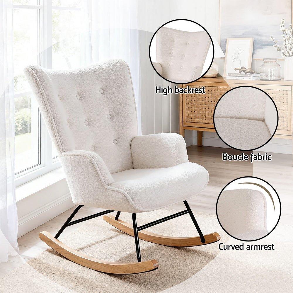Rocking Armchair Nursing Chair Boucle Fabric White - Furniture > Bar Stools & Chairs > Arm Chairs & Recliners - Rivercity House & Home Co. (ABN 18 642 972 209) - Affordable Modern Furniture Australia