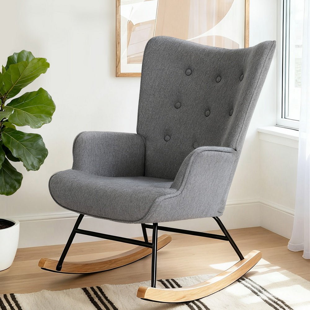 Rocking Armchair Nursing Chair Linen Fabric Grey - Furniture > Bar Stools & Chairs > Arm Chairs & Recliners - Rivercity House & Home Co. (ABN 18 642 972 209) - Affordable Modern Furniture Australia