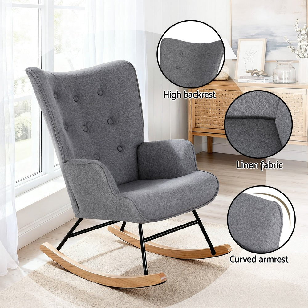 Rocking Armchair Nursing Chair Linen Fabric Grey - Furniture > Bar Stools & Chairs > Arm Chairs & Recliners - Rivercity House & Home Co. (ABN 18 642 972 209) - Affordable Modern Furniture Australia