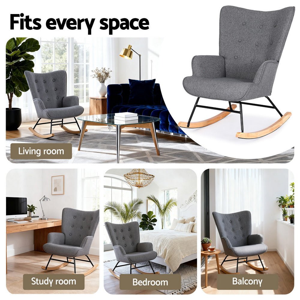 Rocking Armchair Nursing Chair Linen Fabric Grey - Furniture > Bar Stools & Chairs > Arm Chairs & Recliners - Rivercity House & Home Co. (ABN 18 642 972 209) - Affordable Modern Furniture Australia
