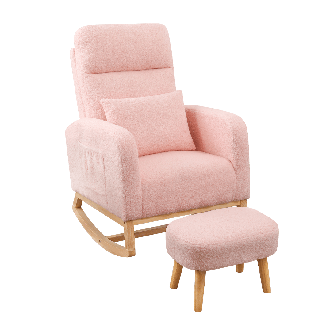 Rocking Chair and Ottoman Footrest with Side Pocket - Pink - Rivercity House & Home Co. (ABN 18 642 972 209) - Affordable Modern Furniture Australia