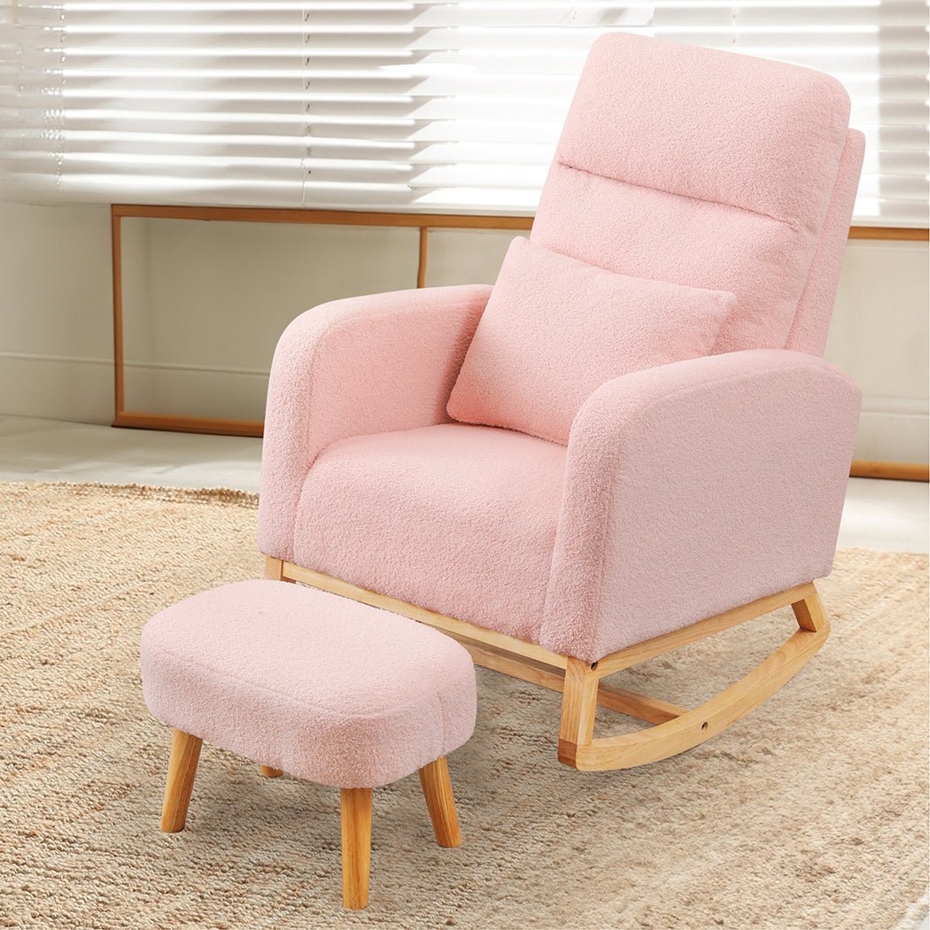 Rocking Chair and Ottoman Footrest with Side Pocket - Pink - Rivercity House & Home Co. (ABN 18 642 972 209) - Affordable Modern Furniture Australia