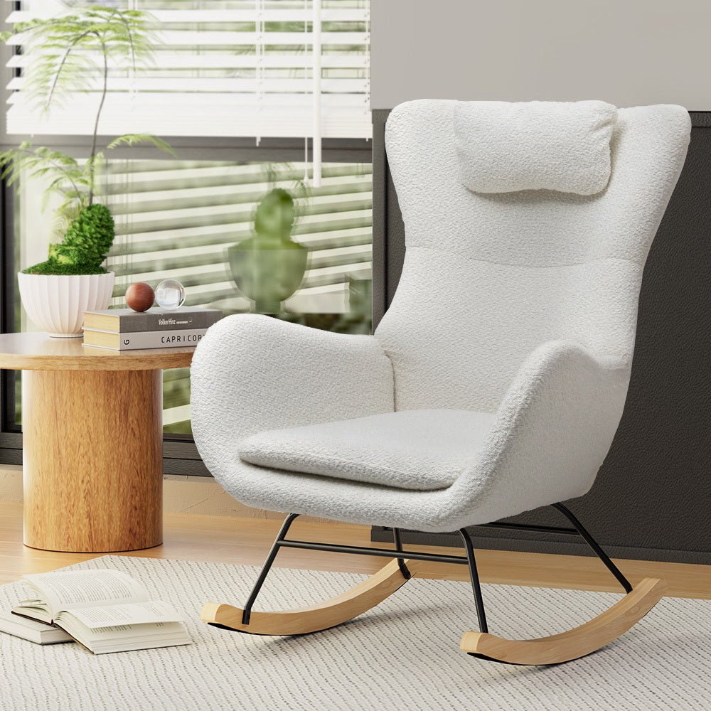 Rocking Chair Armchair Pillow Boucle White - Furniture > Bar Stools & Chairs > Arm Chairs & Recliners - Rivercity House & Home Co. (ABN 18 642 972 209) - Affordable Modern Furniture Australia