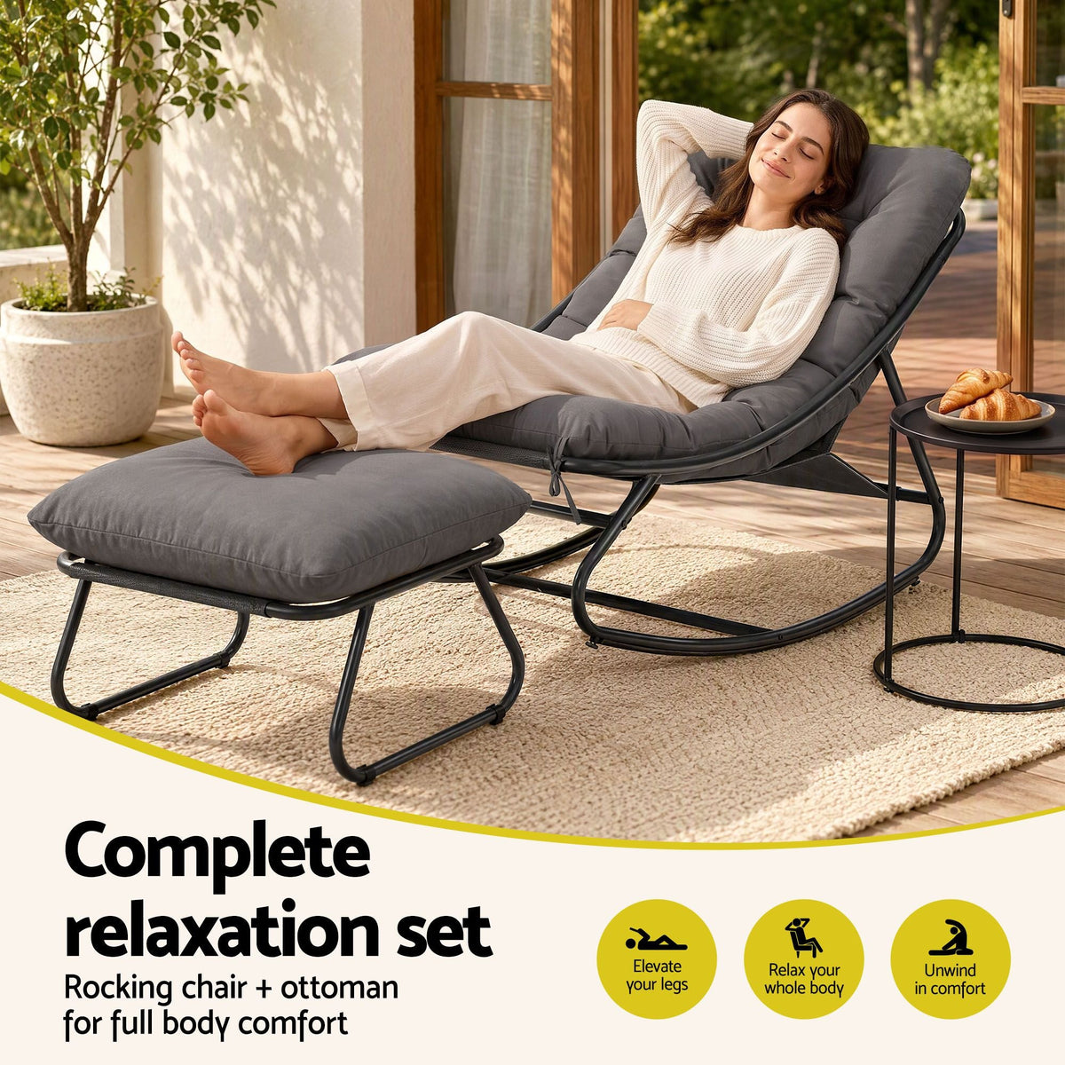 Rocking Chair with Footrest and Mesh Seat Cushion - Grey - Furniture > Outdoor > Outdoor Chairs - Rivercity House & Home Co. (ABN 18 642 972 209) - Affordable Modern Furniture Australia