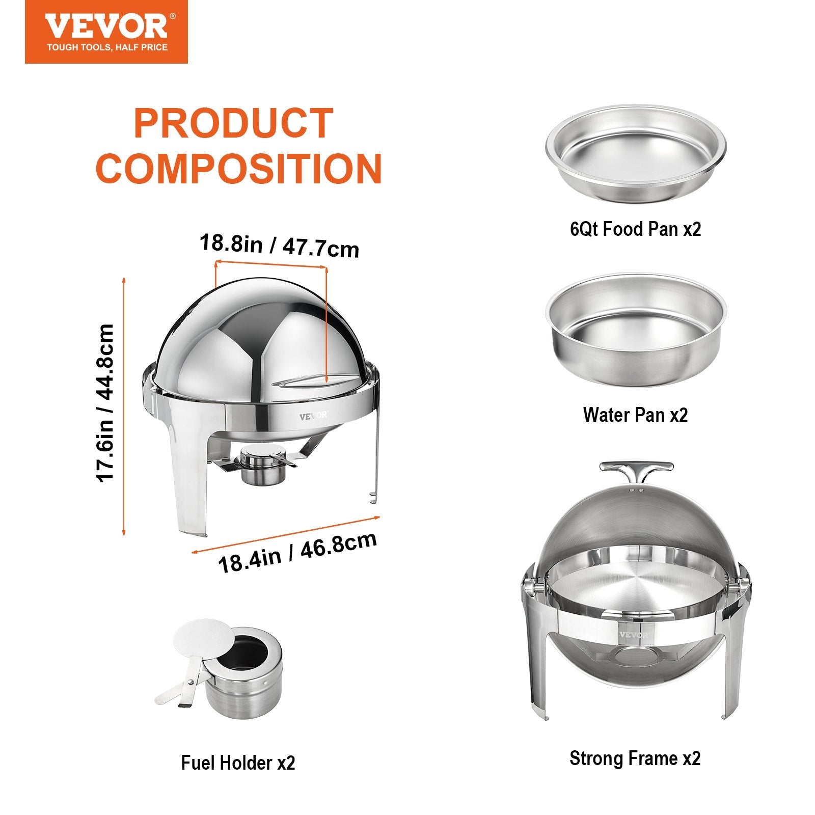 Roll Top Chafing Dish Buffet Set, 5.5L 2 Pack, Stainless Steel Chafer with 2 Full Size Pans, Round Catering Warmer Server with Lid Water Pan Stand Fuel Holder, for at Least 5 People Each - Home & Garden > Kitchenware > Food Storage - Rivercity House & Home Co. (ABN 18 642 972 209) - Affordable Modern Furniture Australia