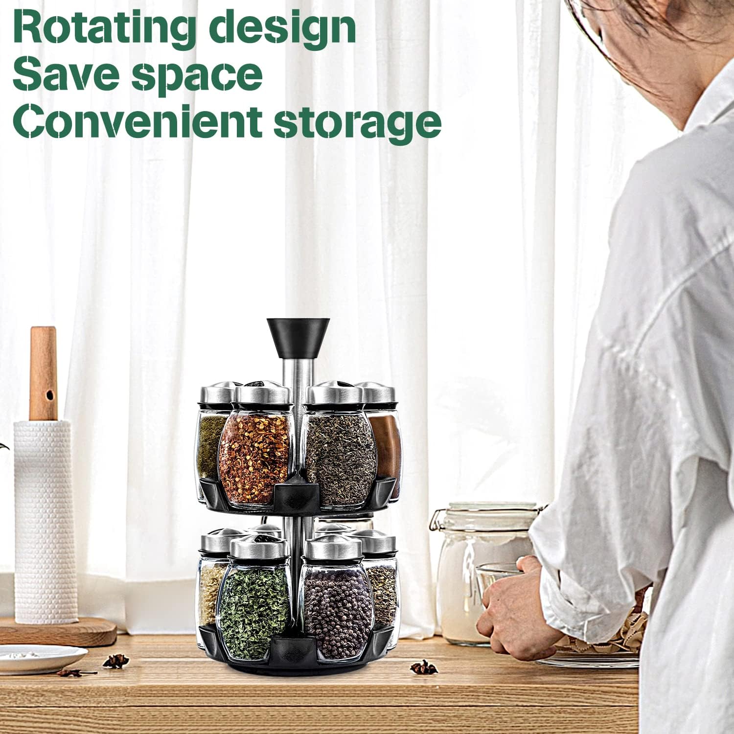 Rotating Spice Rack Organizer with 16 Glass Jars for Kitchen Seasoning and Herb Storage - Home & Garden > DIY > Kitchen & Bathroom DIY - Rivercity House & Home Co. (ABN 18 642 972 209) - Affordable Modern Furniture Australia