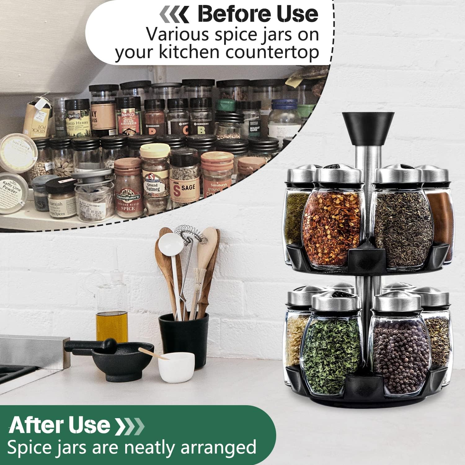 Rotating Spice Rack Organizer with 16 Glass Jars for Kitchen Seasoning and Herb Storage - Home & Garden > DIY > Kitchen & Bathroom DIY - Rivercity House & Home Co. (ABN 18 642 972 209) - Affordable Modern Furniture Australia