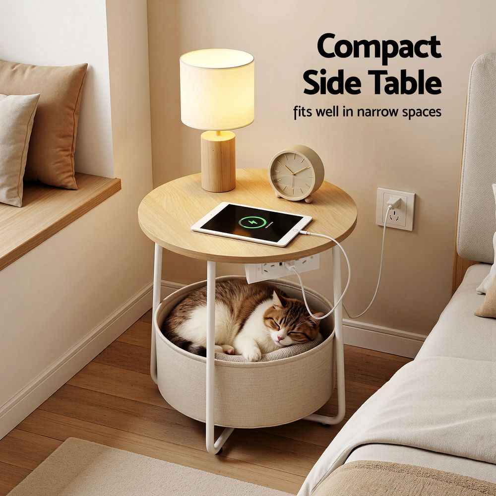 Round Coffee Table Side End Table Charging Station Storage Basket - Furniture > Living Room > Coffee Tables - Rivercity House & Home Co. (ABN 18 642 972 209) - Affordable Modern Furniture Australia