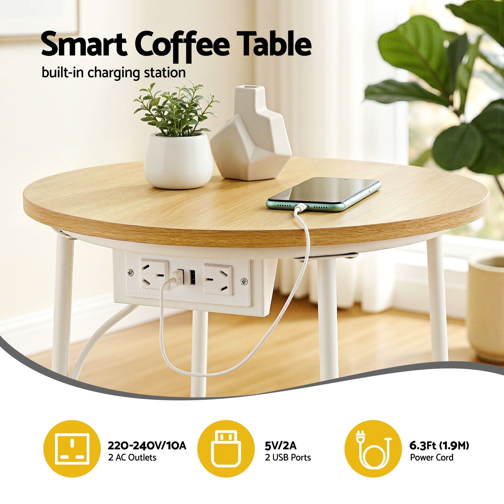 Round Coffee Table Side End Table Charging Station Storage Basket - Furniture > Living Room > Coffee Tables - Rivercity House & Home Co. (ABN 18 642 972 209) - Affordable Modern Furniture Australia