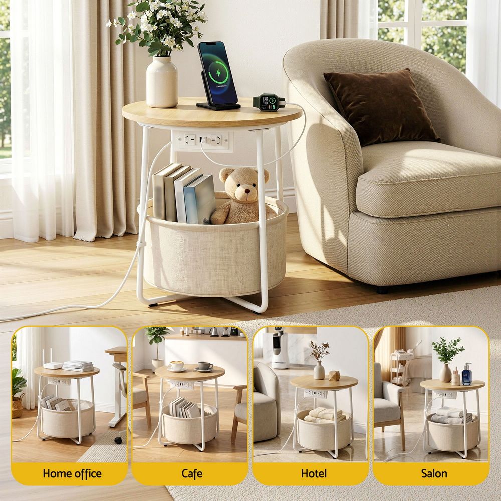 Round Coffee Table Side End Table Charging Station Storage Basket - Furniture > Living Room > Coffee Tables - Rivercity House & Home Co. (ABN 18 642 972 209) - Affordable Modern Furniture Australia