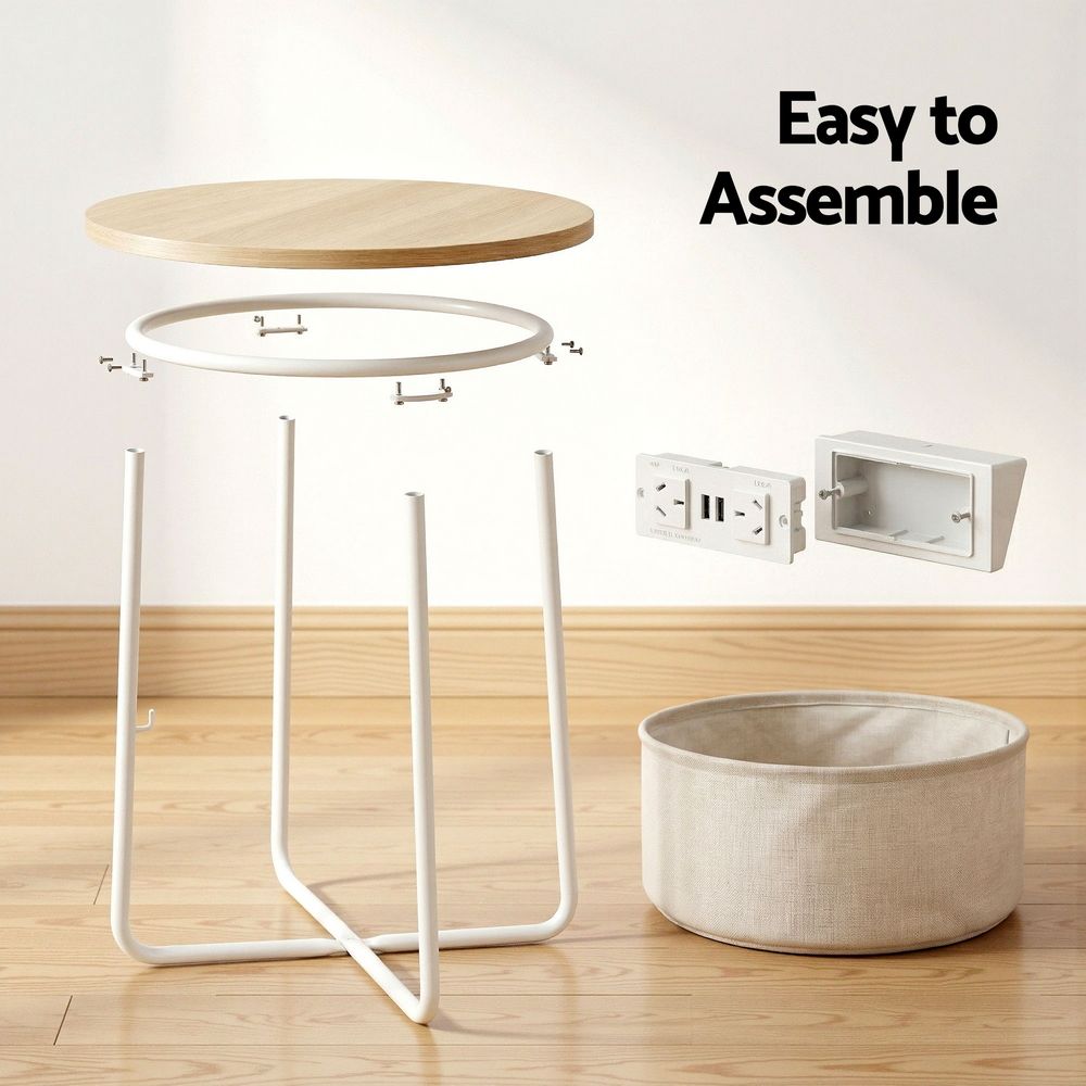 Round Coffee Table Side End Table Charging Station Storage Basket - Furniture > Living Room > Coffee Tables - Rivercity House & Home Co. (ABN 18 642 972 209) - Affordable Modern Furniture Australia