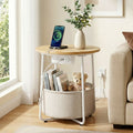 Round Coffee Table Side End Table Charging Station Storage Basket