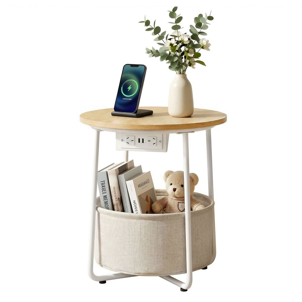 Round Coffee Table Side End Table Charging Station Storage Basket - Furniture > Living Room > Coffee Tables - Rivercity House & Home Co. (ABN 18 642 972 209) - Affordable Modern Furniture Australia