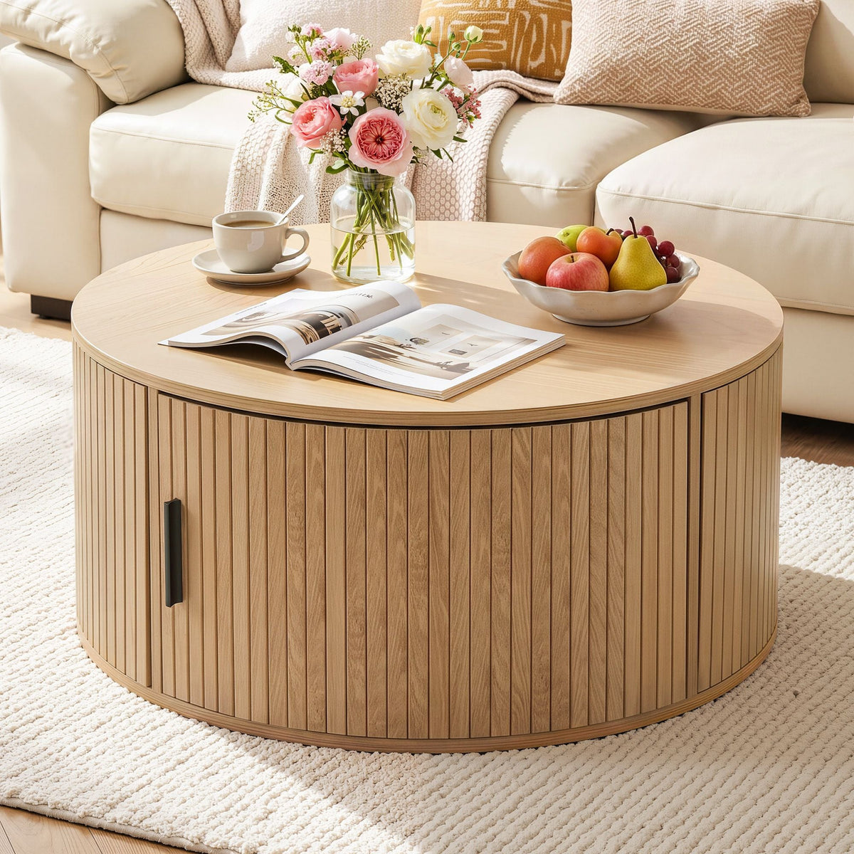 Round Coffee Table Storage Fluted Center Table Living Room Office 80cm Wood - Furniture > Bedroom > Bedside Tables - Rivercity House & Home Co. (ABN 18 642 972 209) - Affordable Modern Furniture Australia