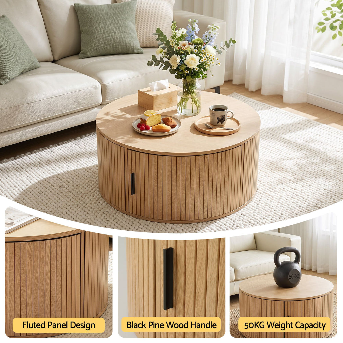 Round Coffee Table Storage Fluted Center Table Living Room Office 80cm Wood - Furniture > Bedroom > Bedside Tables - Rivercity House & Home Co. (ABN 18 642 972 209) - Affordable Modern Furniture Australia
